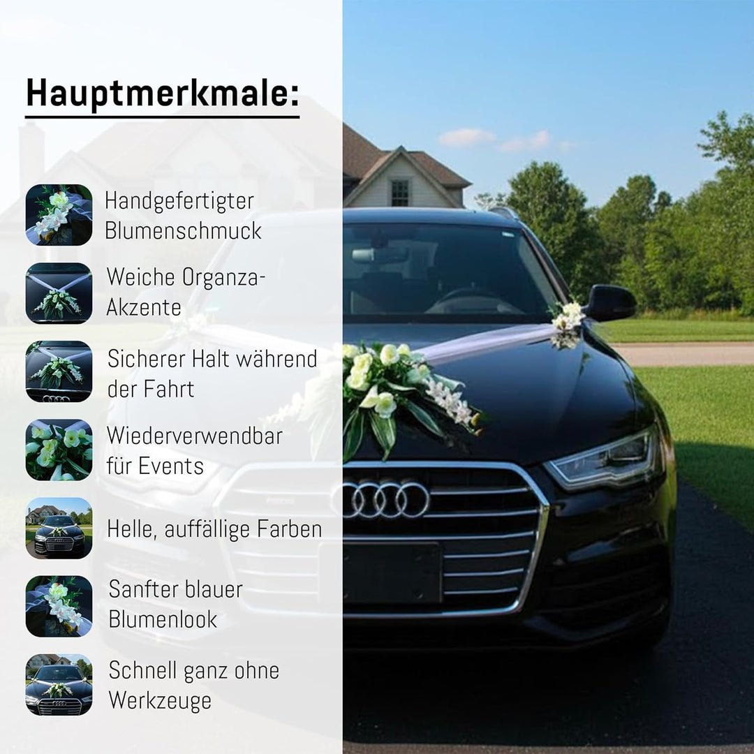 Spitze STRAUss Auto Schmuck Braut Paar Rose Deko Dekoration Hochzeit Car Auto Wedding Deko PKW (Weis