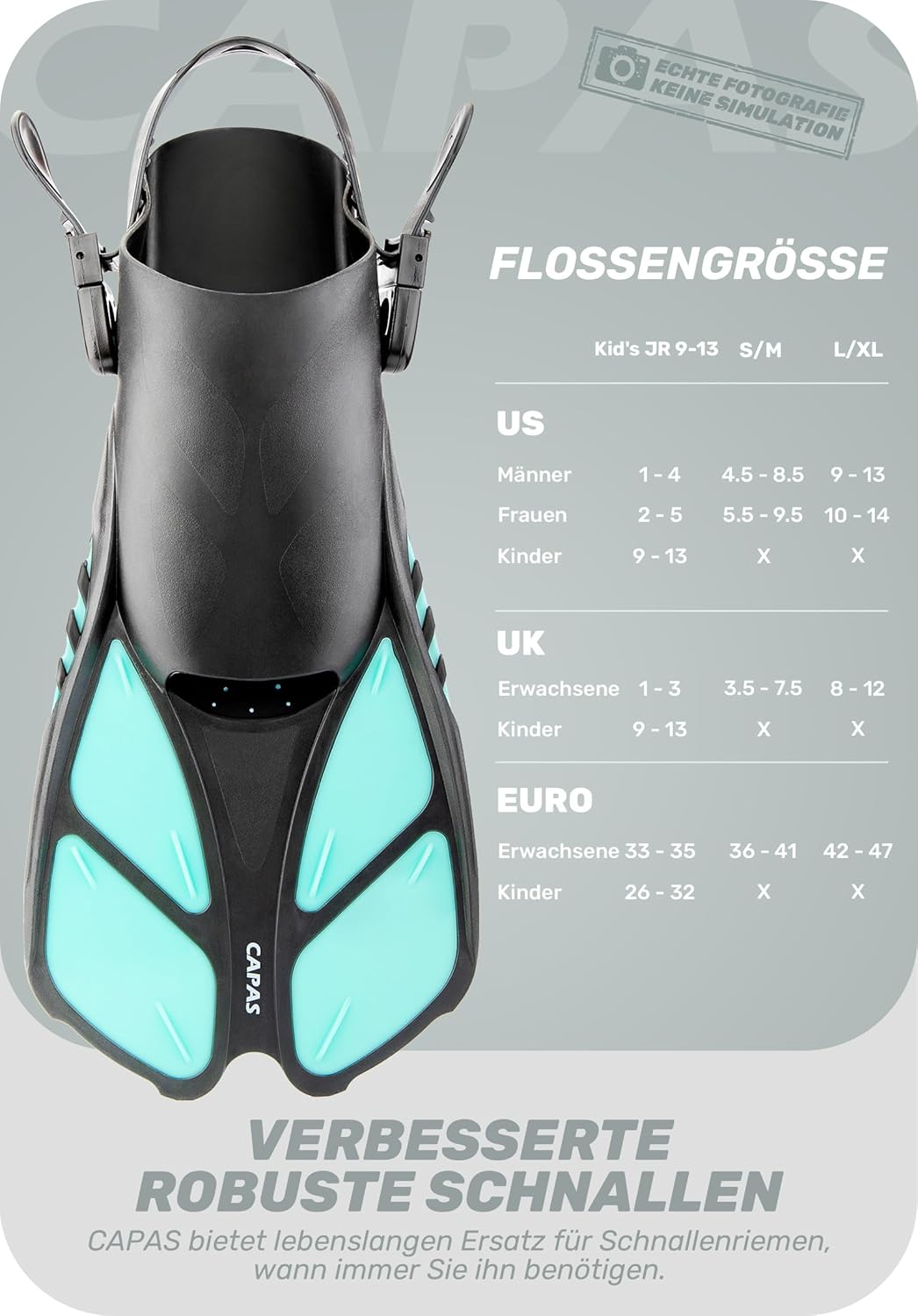 CAPAS Schnorchelflossen, Schwimmflossen Reisegrösse Kurz Einstellbar zum Schnorcheln Tauchen Erwachs