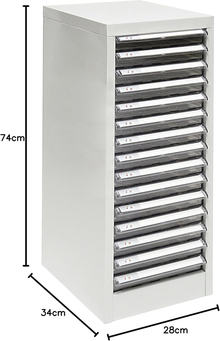 PROREGAL Schubladencontainer Kobra mit 15 transparenten PVC-Schubladen | HxBxT 74x28x34cm | Lichtgra