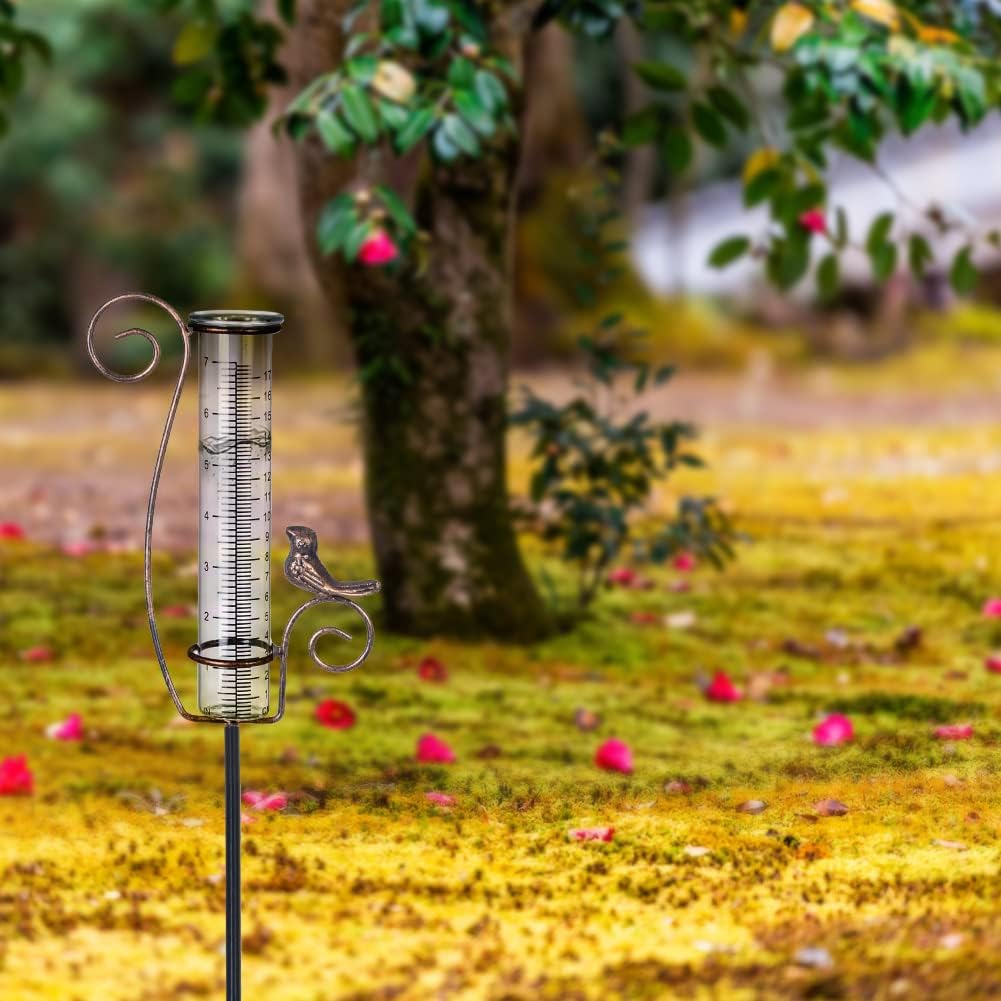 Venniy Regenmesser für den Aussenbereich, 17,8 cm Glas-Regenmesser mit Metallpfahl, dekorativer Voge