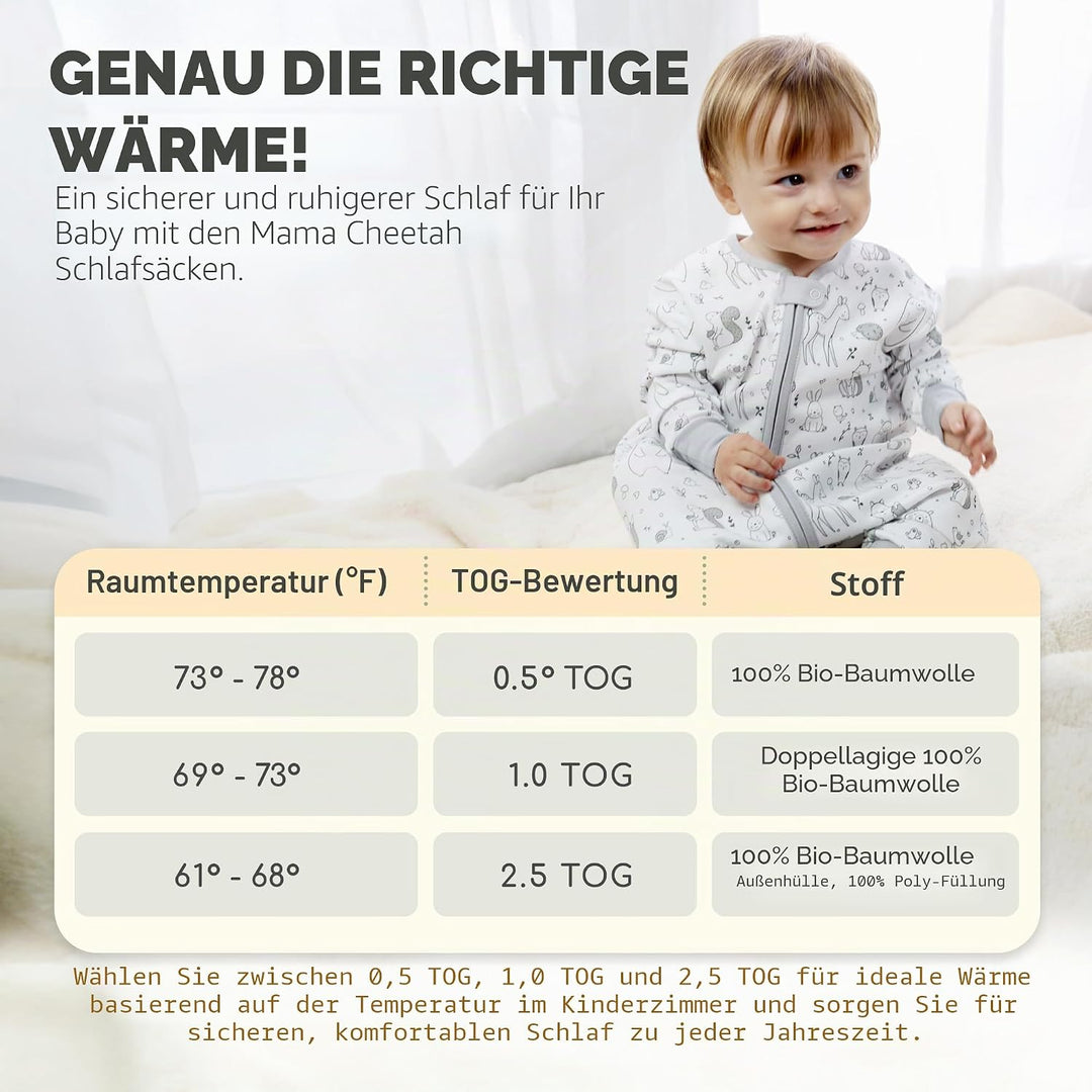 Mama Cheetah Baby Schlafsack, Bio-Baumwolle, Tragbare Babydecke, Schlafsack mit 2-Wege-Reissverschlu