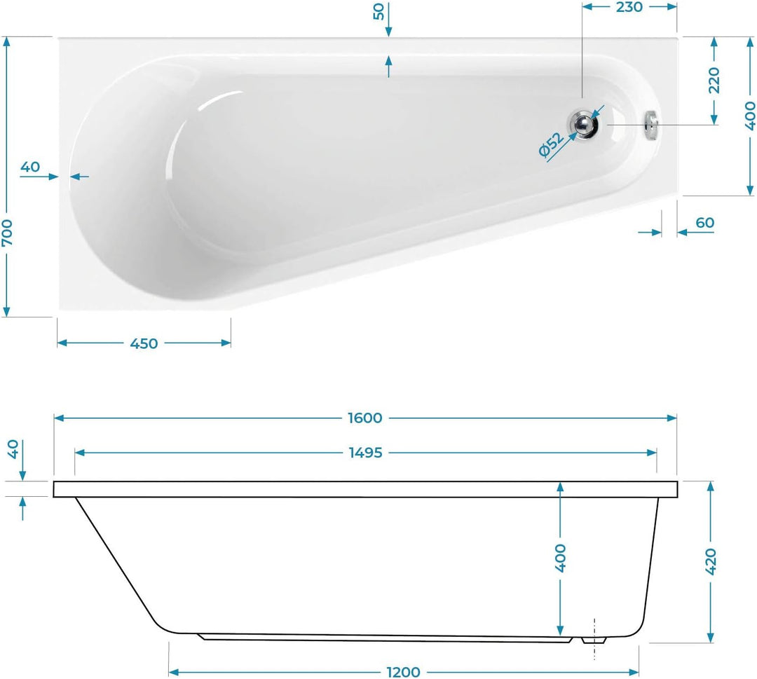 Calmwaters® Raumsparende Eckbadewanne 160x70 cm, Acrylwanne Essential Small, platzsparende Badewanne