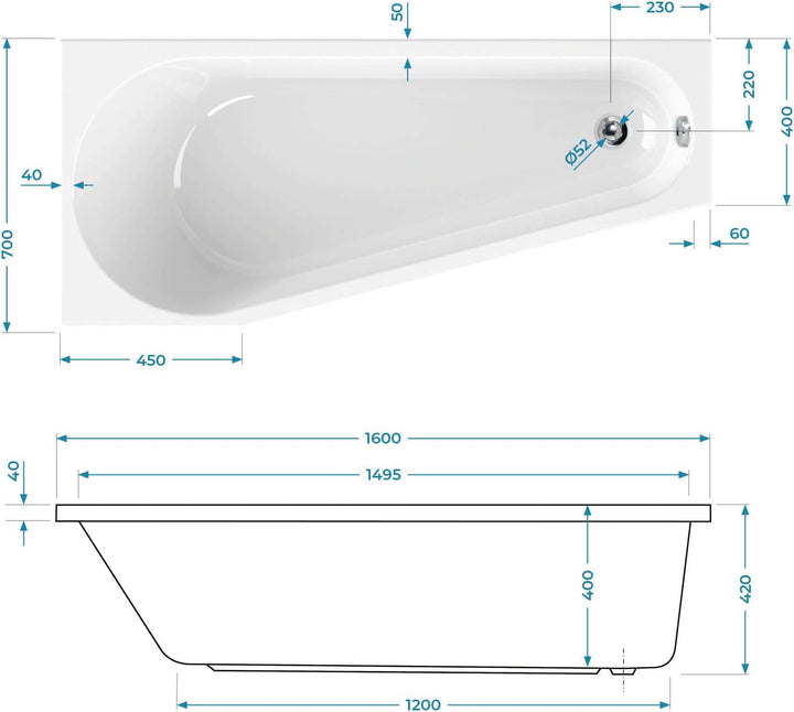 Calmwaters® Raumsparende Eckbadewanne 160x70 cm, Acrylwanne Essential Small, platzsparende Badewanne