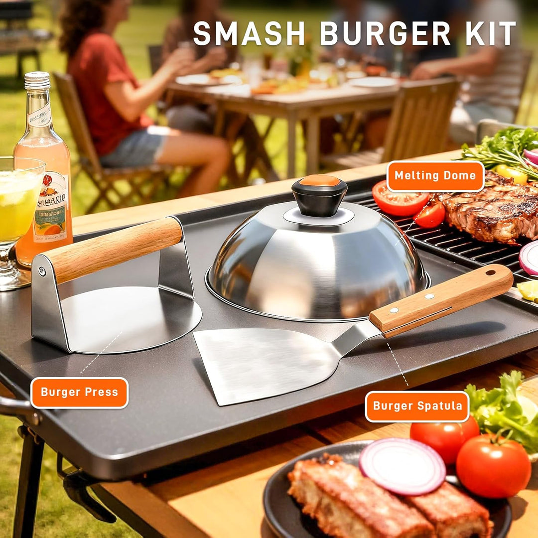 Burgerpresse Set 3-TLG, Edelstahl Burger Smasher, Schmelzkuppel, Grillspachtel, Professionelles Leck