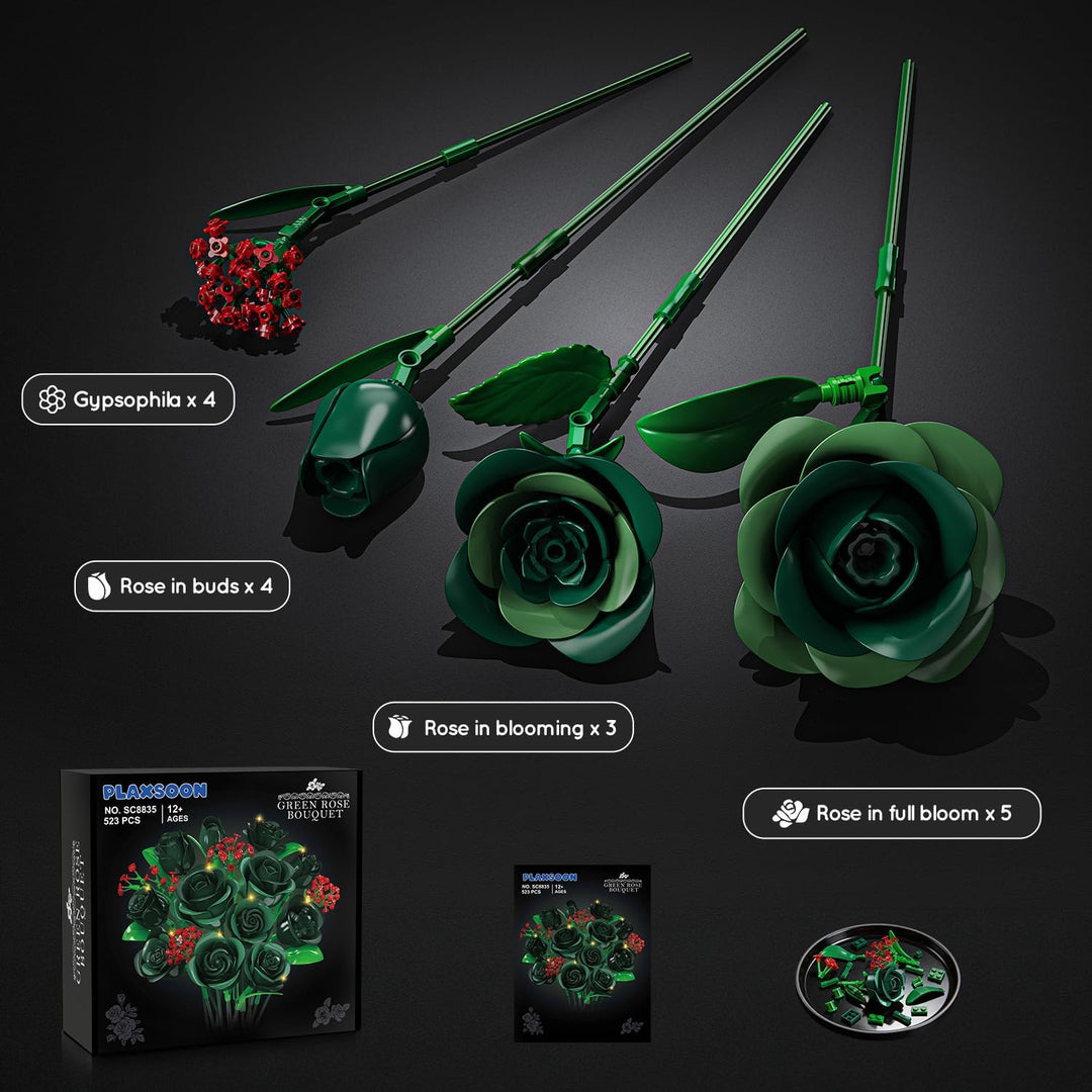 Blumenstrauss Bausatz mit Licht, 16 grüne Rosen botanische Kollektion Bausteine für Erwachsene Mädch