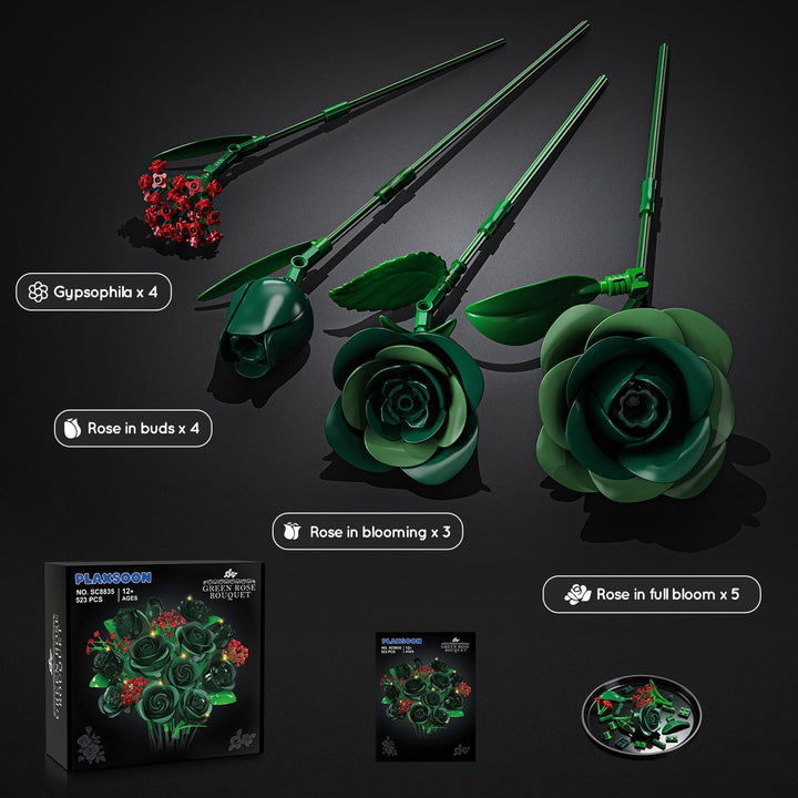 Blumenstrauss Bausatz mit Licht, 16 grüne Rosen botanische Kollektion Bausteine für Erwachsene Mädch