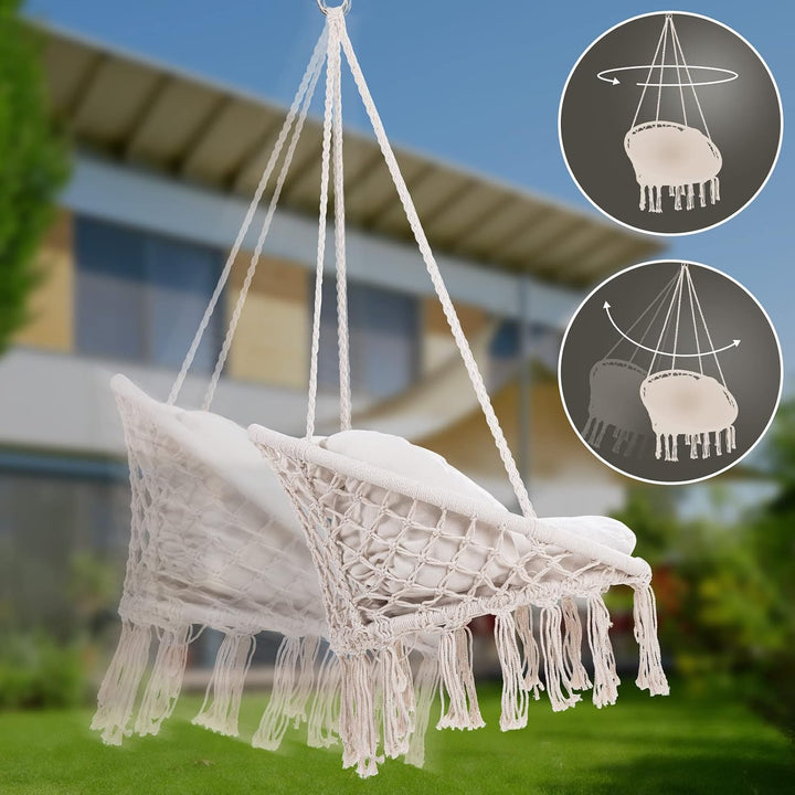 DETEX® Hängesessel bis 150kg Belastbar Boho Stil Wetterfest GS-Zertifiziert Garten 360° Drehbar Crem