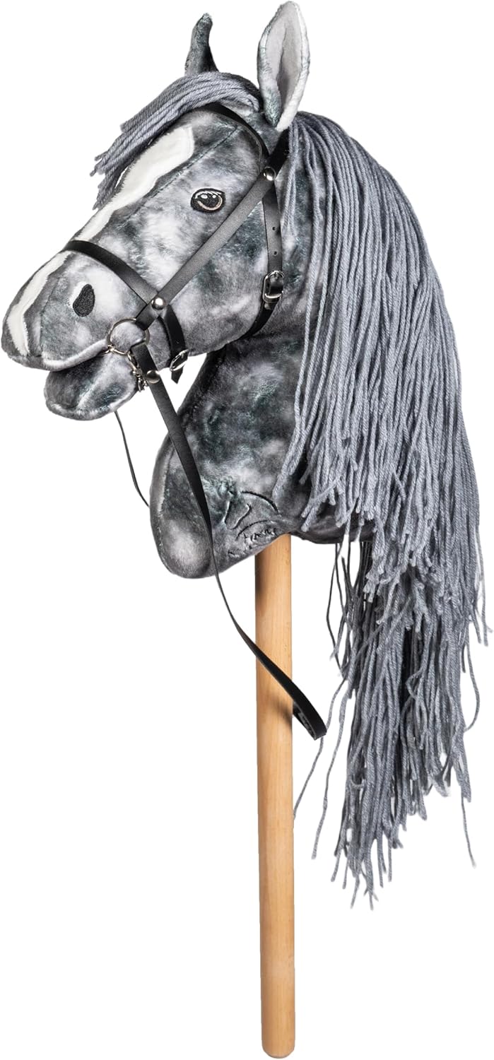 HKM Hobby Horse Beni – Steckenpferd Silbergrau, abnehmbare Trense & Lange Mähne, 40 cm Holzstiel – f