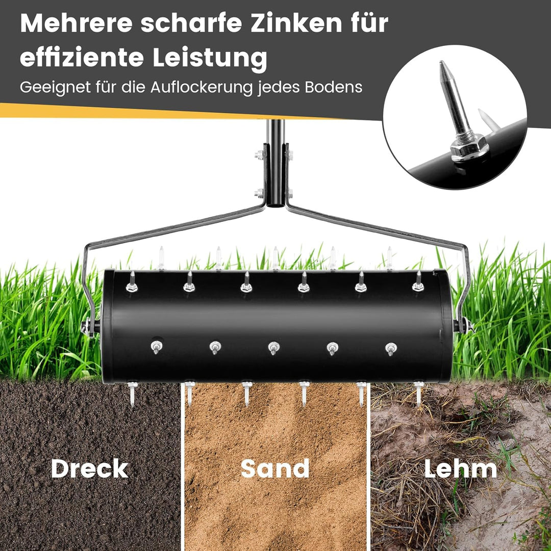 GOPLUS Rasenbelüfter, Handvertikutierer mit Stiel & 3,4cm Nägeln, rollender Aerifizierer, manueller