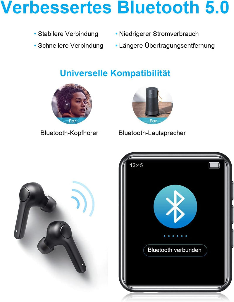 Bluetooth 5.0 MP3 Player, 16GB HiFi Verlustfreier Ton MP3 Musik Player mit Lautsprecher, Voice Recor