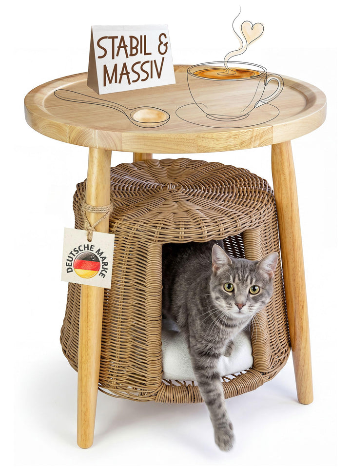 Petigi Katzentisch Beistelltisch Rattan Katzenhöhle Katzenbett Couchtisch | aus Holz und Rattan, Nat