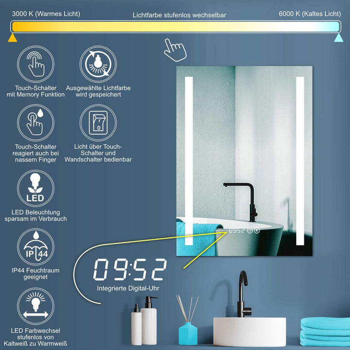 HOKO® LED Badspiegel 60x80 cm. Badezimmer Spiegel mit Uhr. Design Bad Spiegel mit Beleuchtung und mi