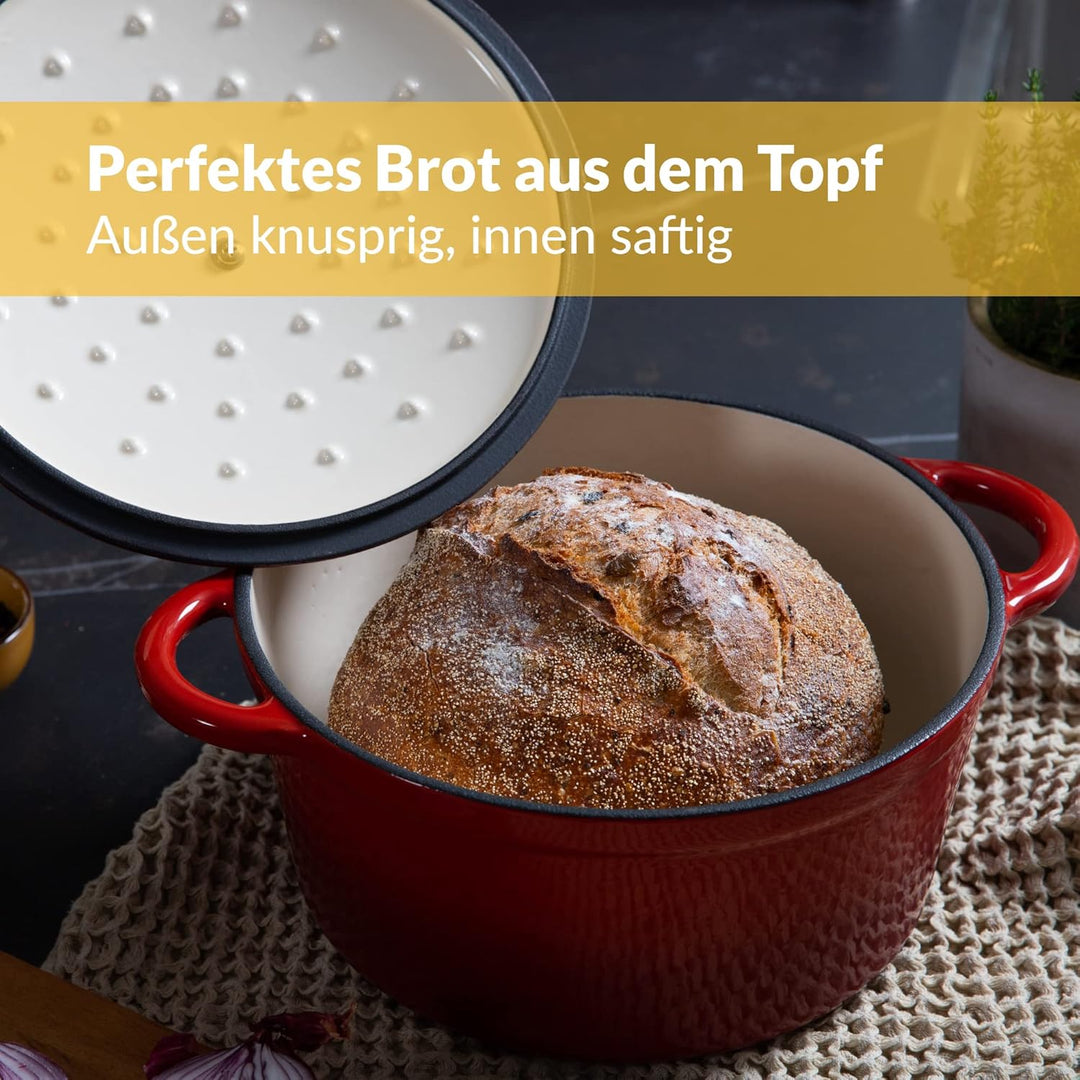 Chefarone Gusseisen Topf 24 cm, 3,5 L – Schmortopf emailliert mit Deckel für Brot backen, Schmoren &