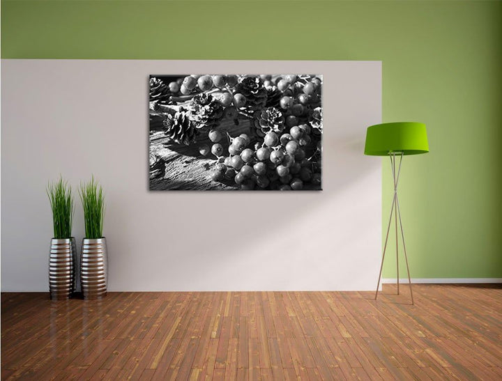 Pixxprint Vogelbeeren und Tannenzapfen Kunst B&W, Format: 100x70 auf Leinwand, 100x70