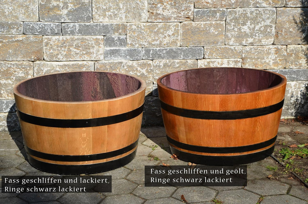 Temesso Holzfass als Pflanzkübel, Weinfass halbiert geschliffen und geölt mit schwarz lackierten Rin