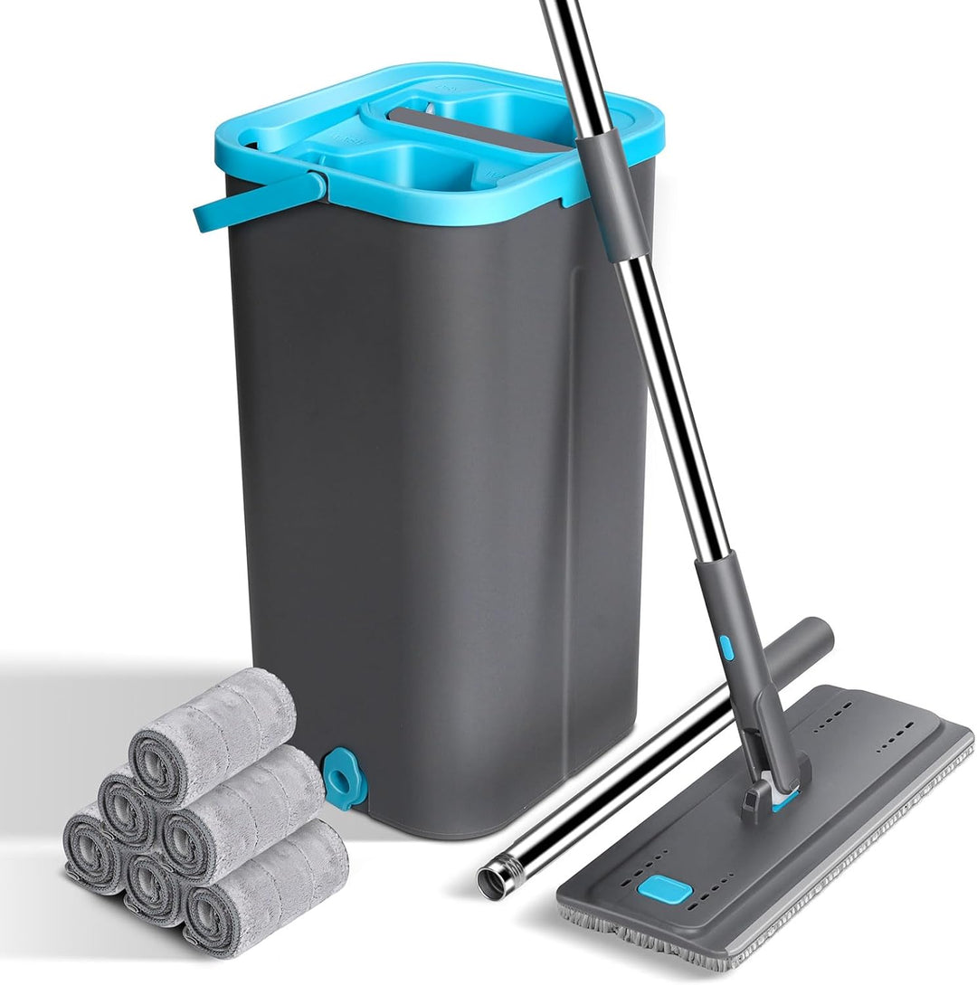 MASTERTOP Bodenwischer, Flach Mopp mit Eimer und 6 Mikrofaser Wischpads, Wischmopp und Putzeimer Set