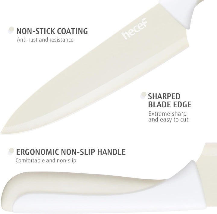 hecef 14-teilig Messerblock mit Messer, Creme, Antihaft-Beschichtung – Spülmaschinenfest, Messerbloc