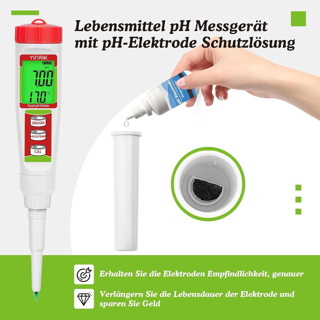 Digitales pH Messgerät, YINMIK pH Tester für Lebensmittel mit Kalibrierlösung, pH Wert für Fermentat