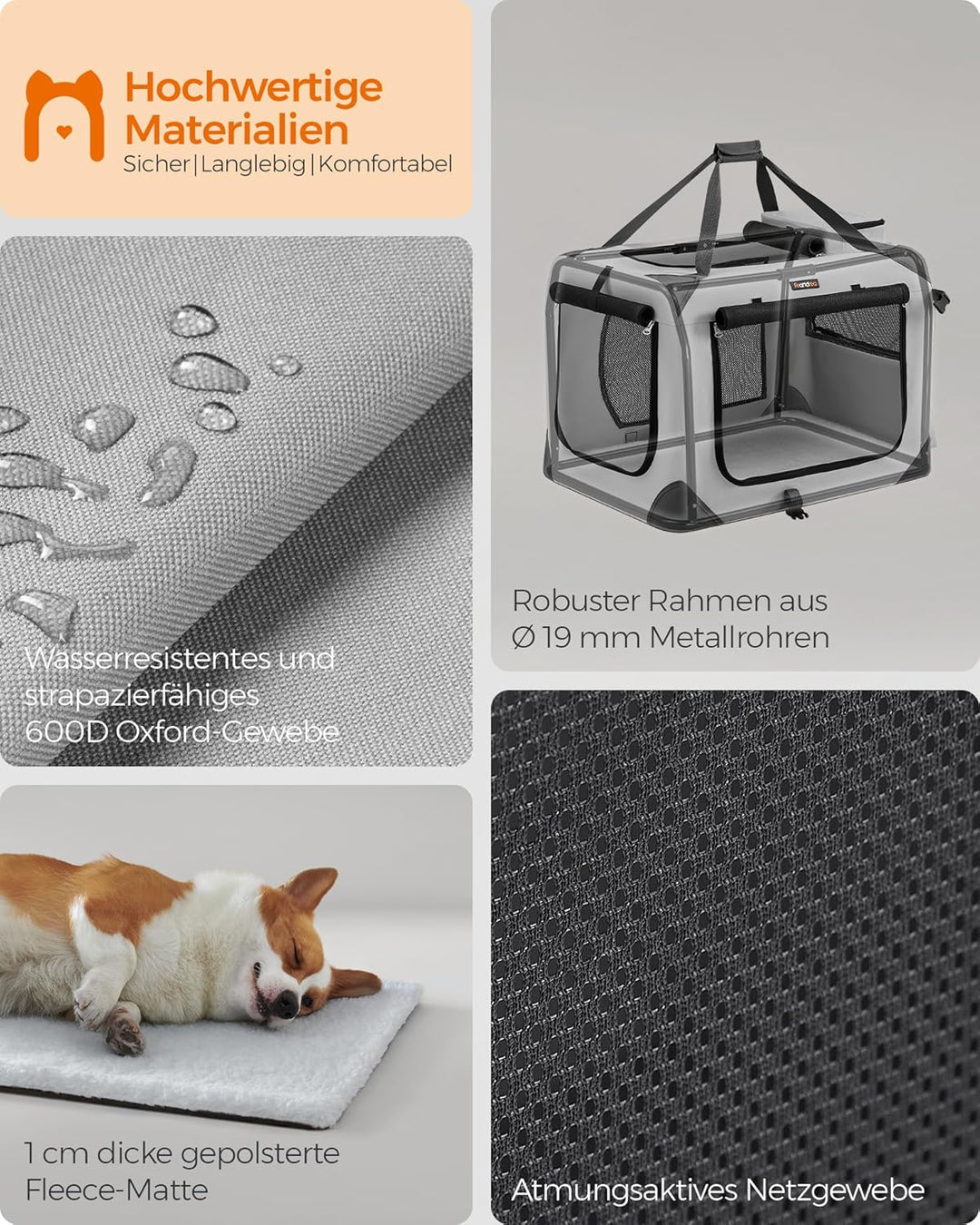Feandrea Hundebox faltbar, Transportbox Hund, L, Hundetasche, Oxford-Gewebe, Netzstoff, atmungsaktiv