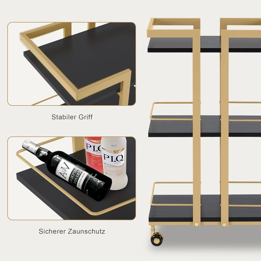 M MCombo Servierwagen mit Rollen, Küchenwagen Barwagen Metallgestell Schwarz-Gold, Moderne Rollwagen