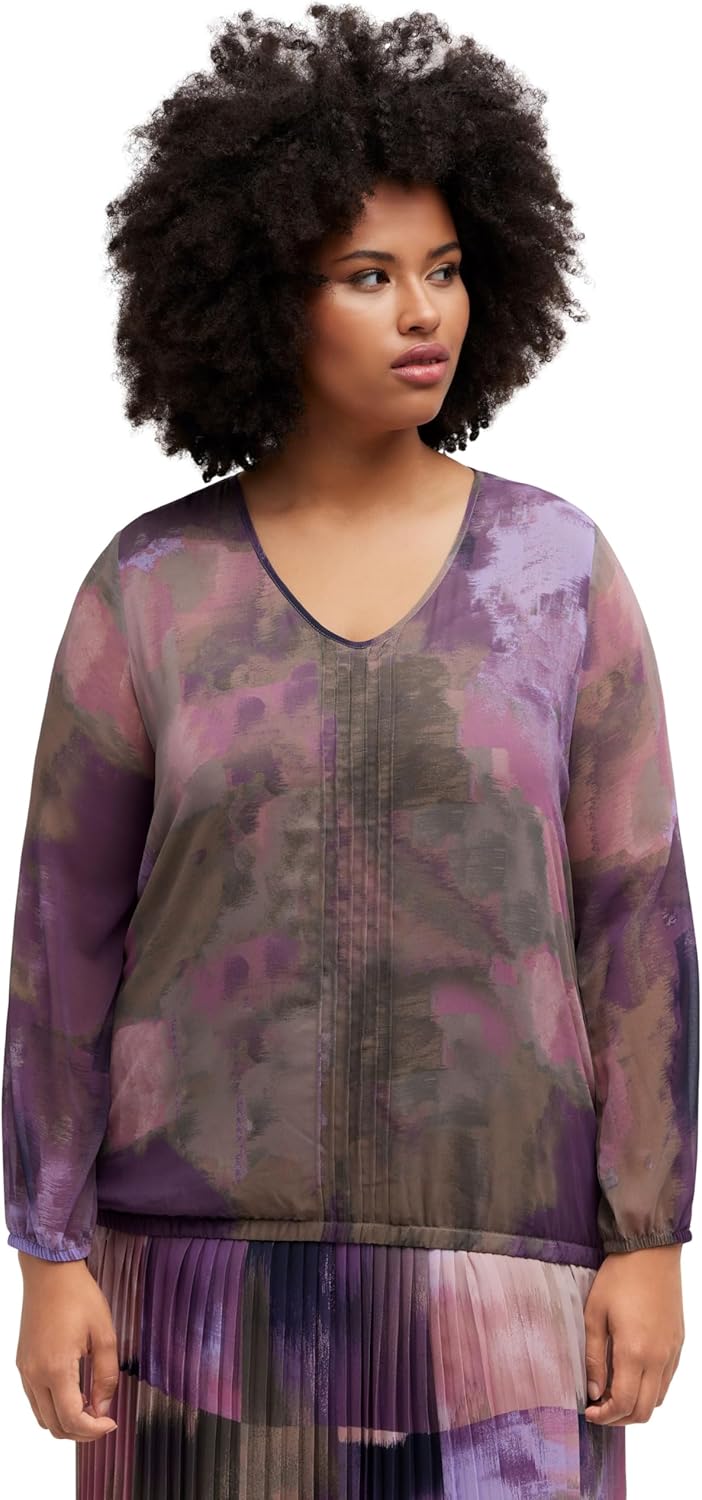 Ulla Popken Damen grosse Grössen Übergrössen Plus Size Bluse, Chiffon, V-Ausschnitt, Gummisaum, Lang