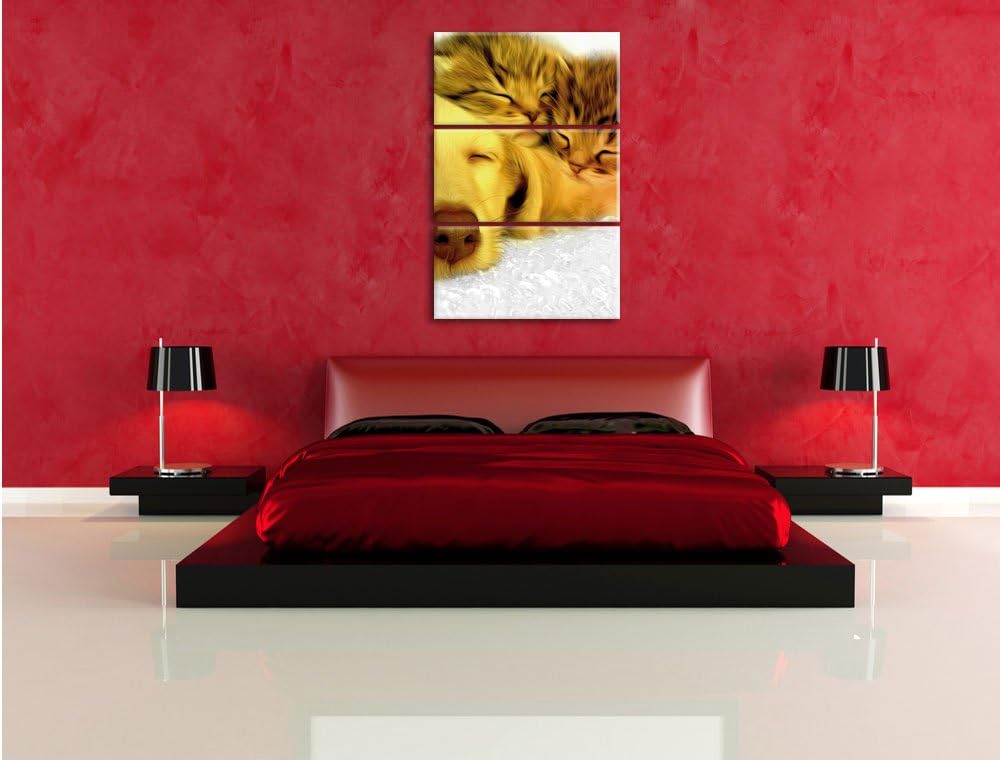 Pixxprint Welpe kuschelt mit süssen Kätzchen als Leinwandbild/Grösse: 3 Teilig (120x80) cm/Wandbild/