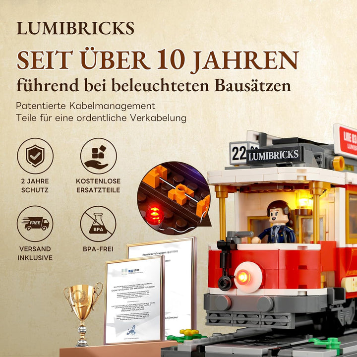 Lumibricks Heritage-Strassenbahn und -Haltestelle Bausatz mit Licht, Vintage-Dekor,kompatibel mit Mo