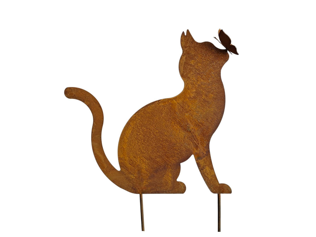 Bornhöft Gartendeko Gartenstecker Katze mit Schmetterling, Edelrost Rost-Optik Metallfigur, Gartensk