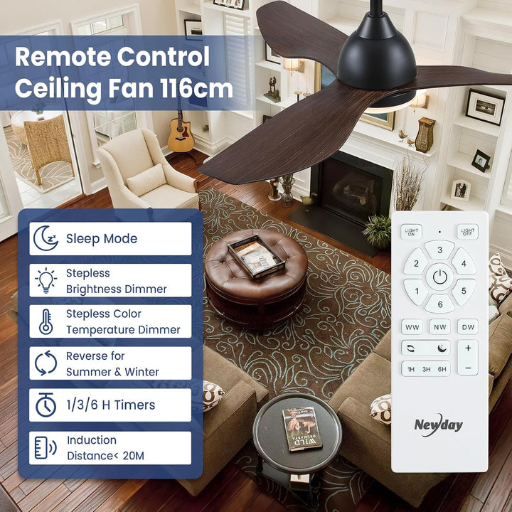 Newday Deckenventilatoren Schwarz Holzig, 116cm Deckenventilator mit Beleuchtung und Fernbedienung L