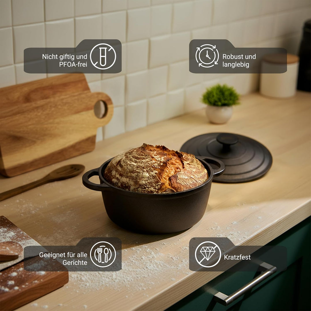 BIOL Gusseisen Topf mit Deckel Ø 25 cm 5L für Küche Backen Schmoren Braten Antihaftwirkung, für alle