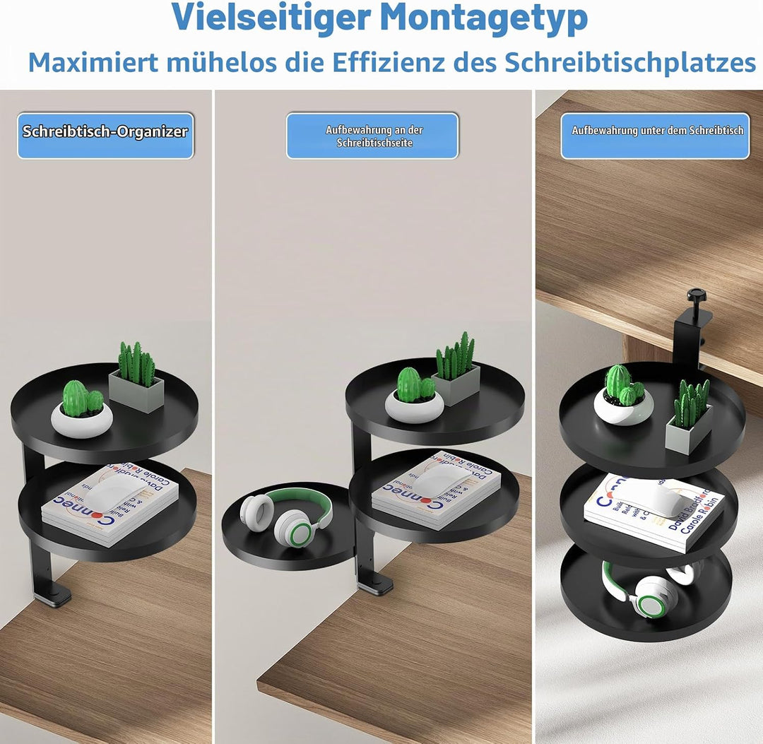 3 Stufen Clamp-On Schreibtisch Regalaufsatz mit Verstellbarem Ablagefach 360 Drehbar Unter Schreibti