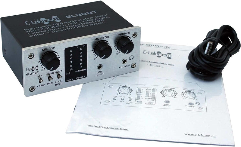 E-Lektron EL222T 2-Kanal USB Audio-Interface | 24Bit/96kHz | Class-A Pre-Amp | Phantom | 20dB zusätz