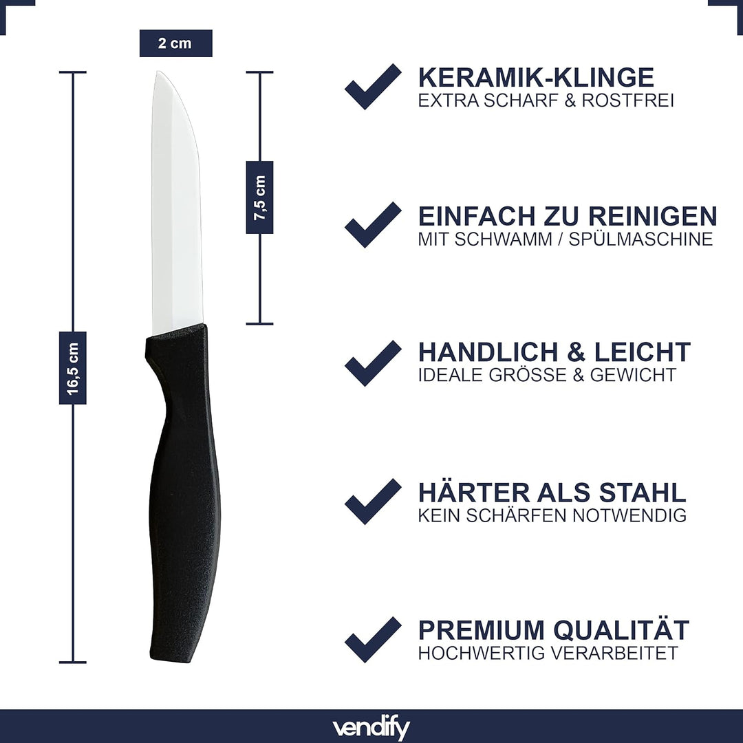 vendify® Keramikmesser 5er-Set Hochwertig sehr scharf - 16,5 cm lang - Küchenmesser mit Keramikkling