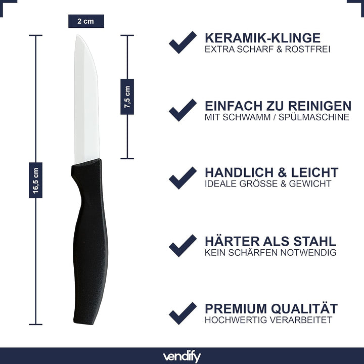 vendify® Keramikmesser 5er-Set Hochwertig sehr scharf - 16,5 cm lang - Küchenmesser mit Keramikkling