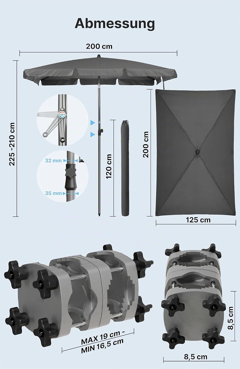 4smile Sonnenschirm Balkon SunnyShade - Sonnenschutz Balkon 3-in-1 SET, UPF 50+ Sonnenschirm rechtec