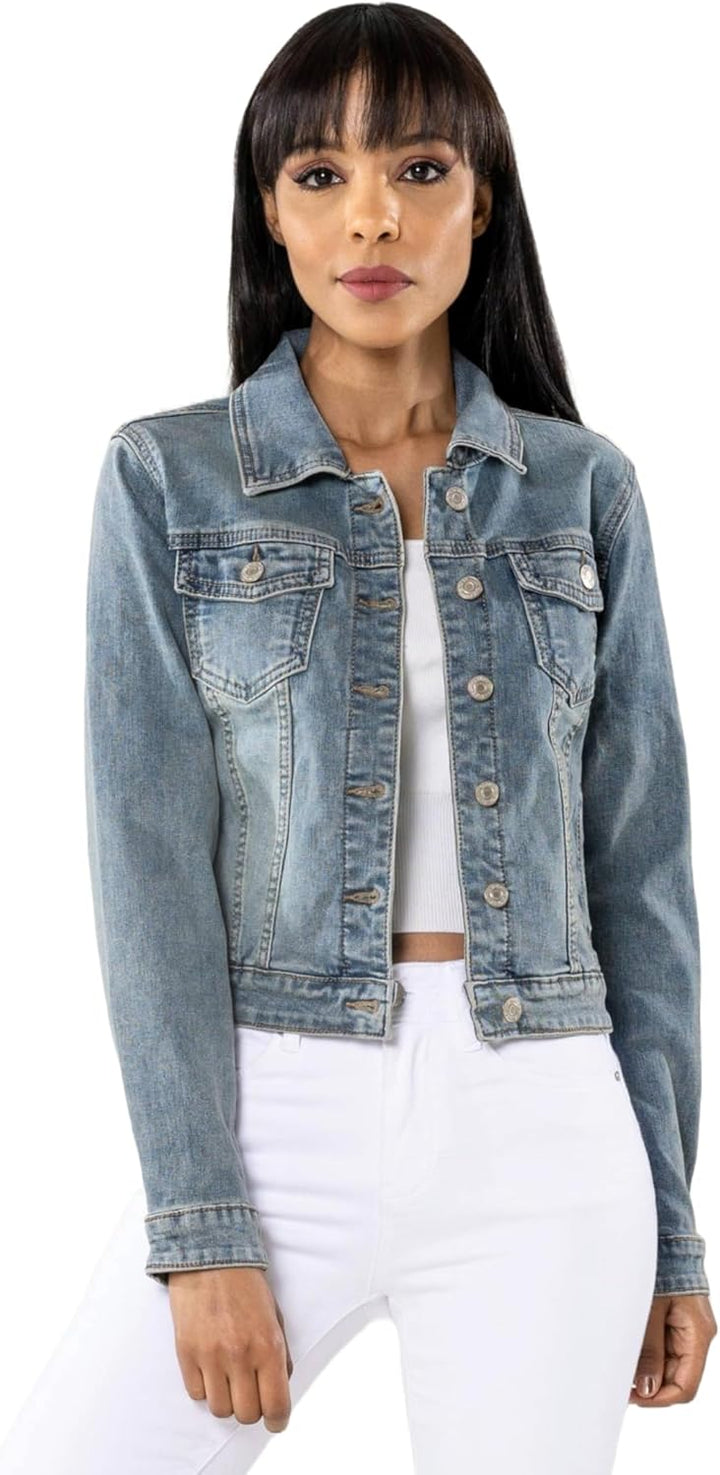Nina Carter S338 Damen Jeansjacke Übergangsjacke Leichte Waschungseffekt Jacke Blau Denim Casual S V