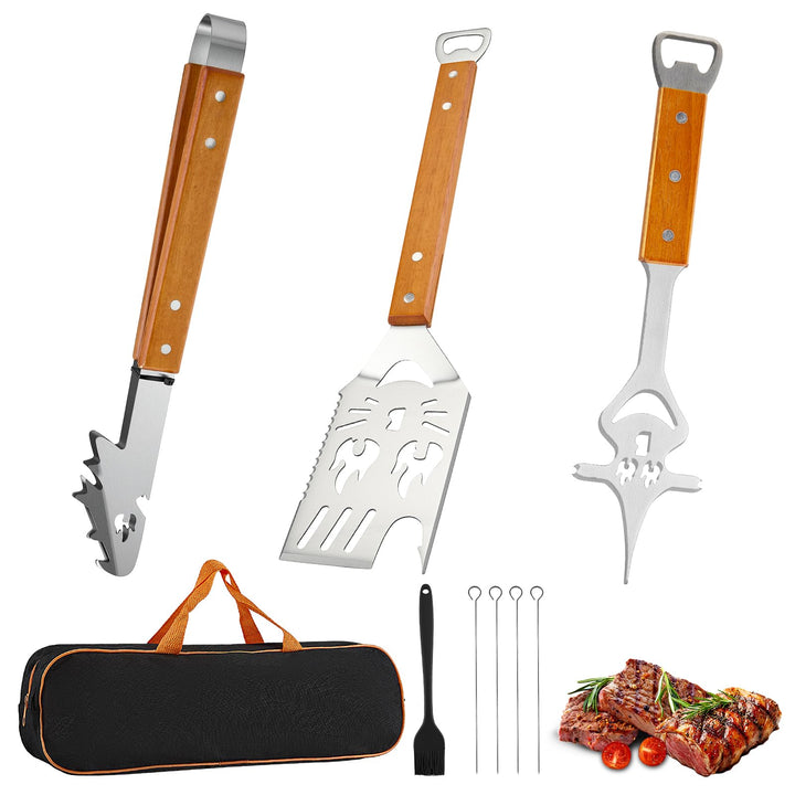 BBQ Grillbesteck Set 5-TLG, Extra Langes Grillwerkzeug aus Edelstahl mit Holzgriff, Grillzange, Flei