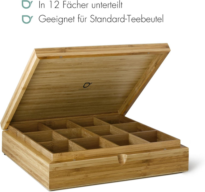 Bredemeijer grosse helle Holz Teebeutel-Kiste mit 12 Fächer ohne Sichtfenster 30 cm lang