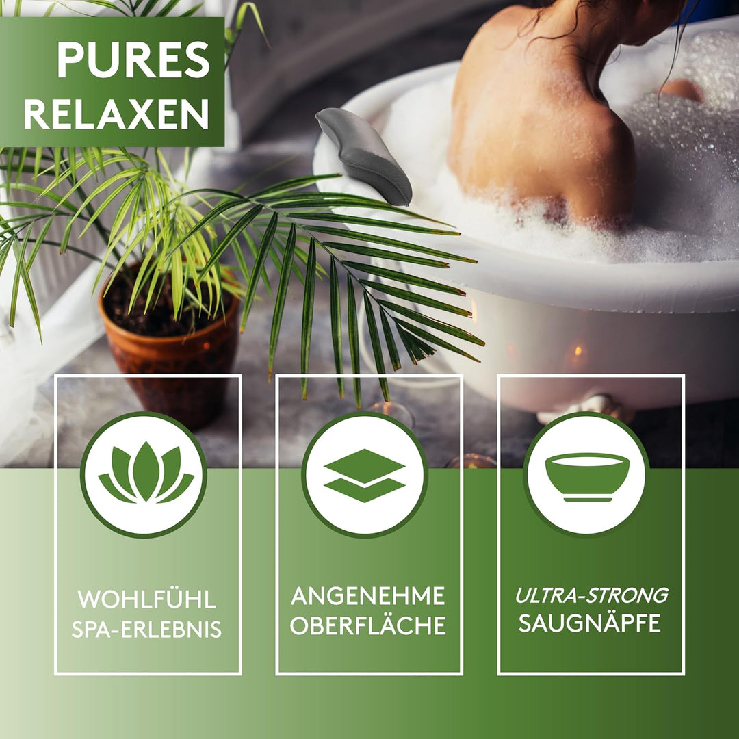 Premium Badewannenkissen Grau - Badekissen für Badewanne - Kissen Badewanne mit Saugnäpfen - Nackenk