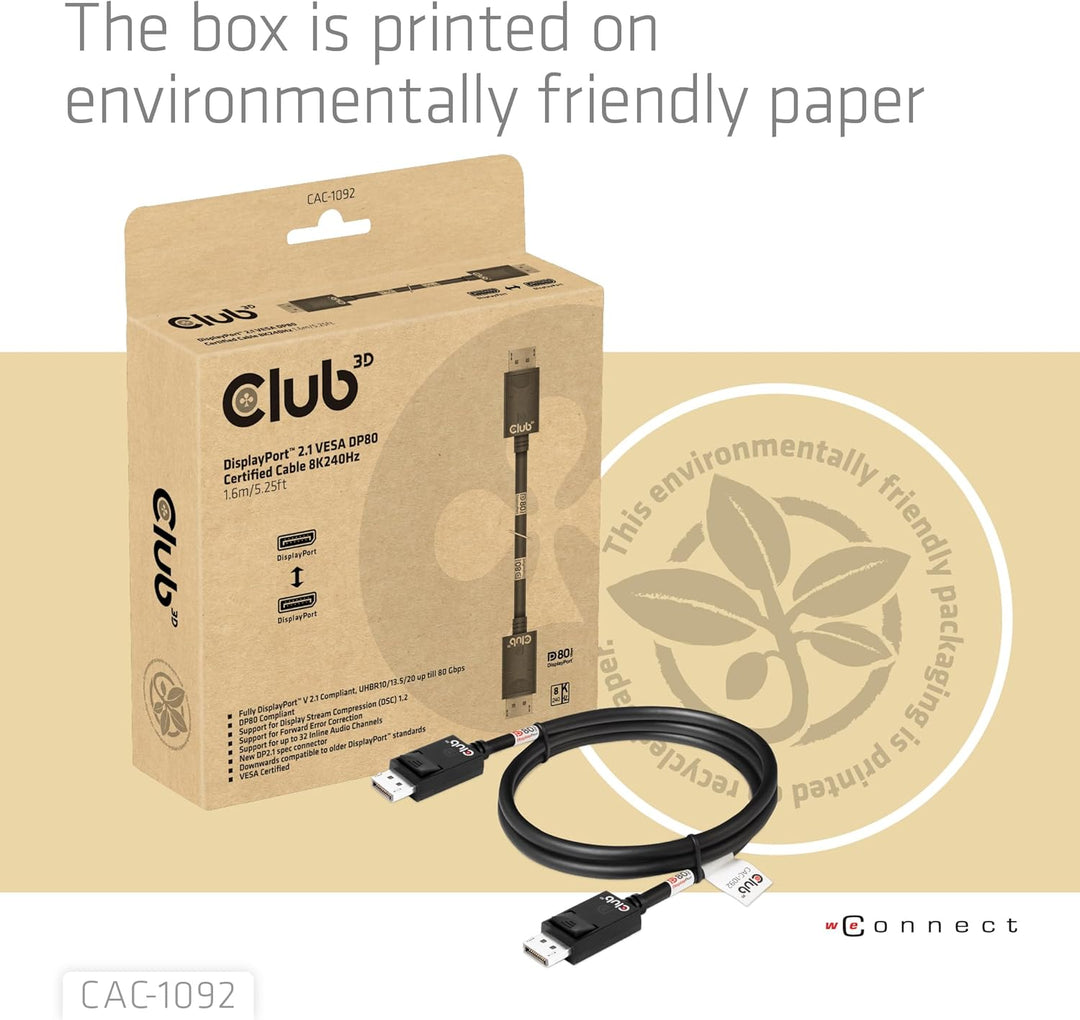 Club3D CAC-1092 DisplayPort™ 2.1 Bi-Direktionales VESA DP80 zertifiziertes Kabel 4K240Hz, 8K60Hz ode