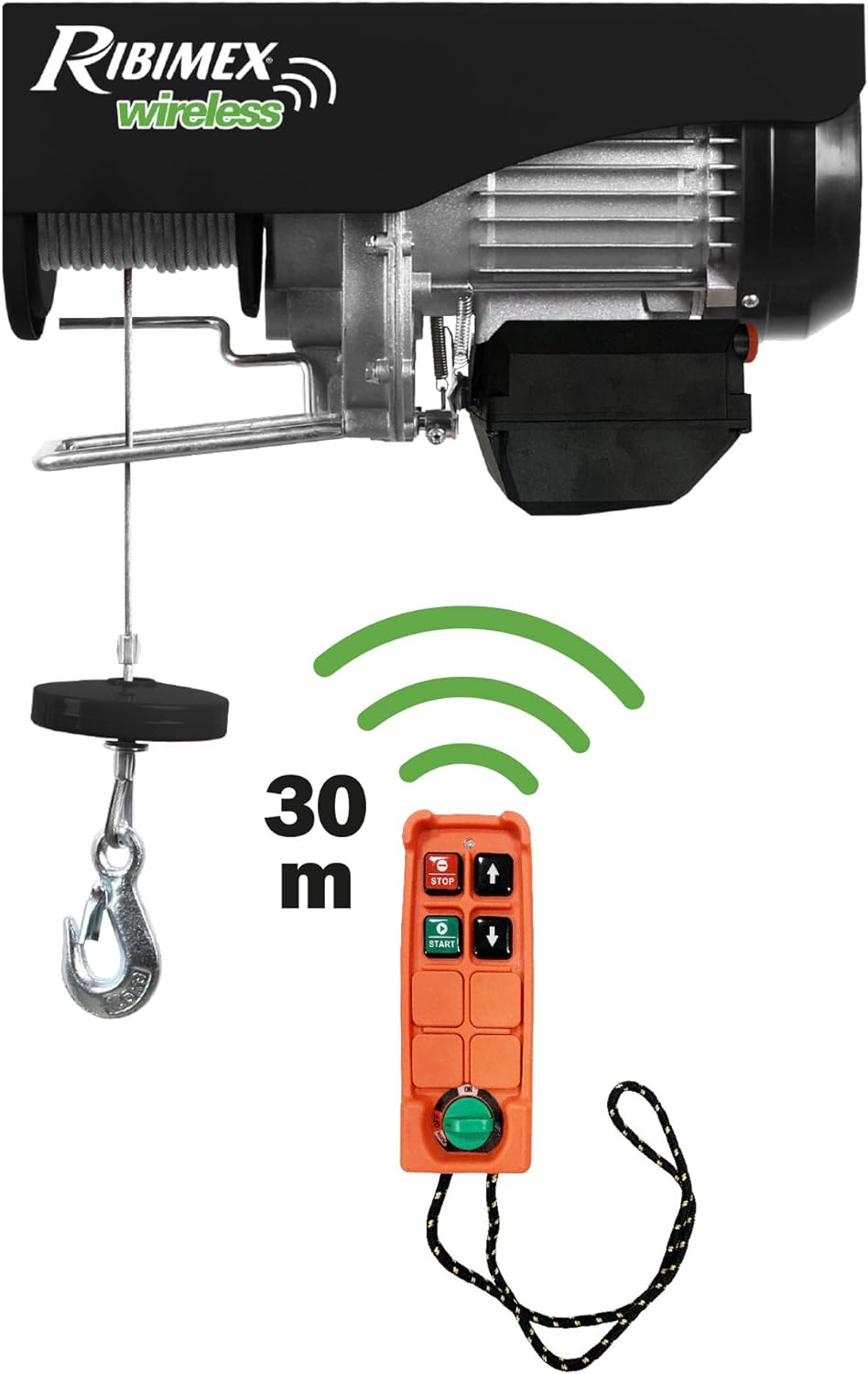 Ribimex PE400/800T Elektro Flaschenzug 400/800 kg, Seilzug 18 m, 230 V,