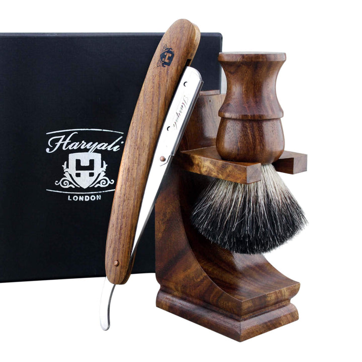 Haryali London Herren-Rasierset aus Holz mit geradem Rasiermesser, schwarzem Dachshaar und Holzständ