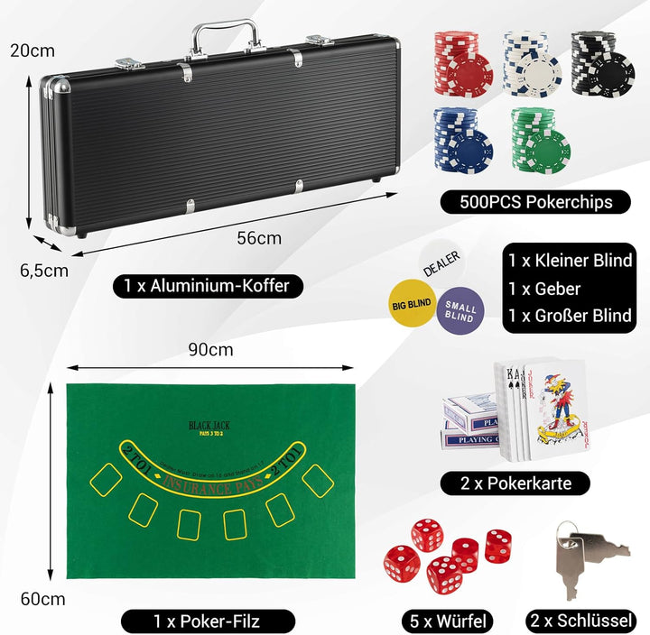 COSTWAY Pokerset mit 500 Laser-Chips | Pokerkoffer Alu | Pokerchips | Poker Komplett Set | Pokerkoff