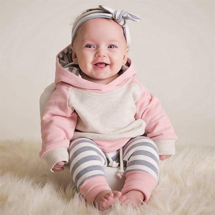 EDOTON Baby Mädchen Outfit 2 Stücke Set Gestreifte Blumen Hoodies mit Tasche Top + Lange Hosen Sweat