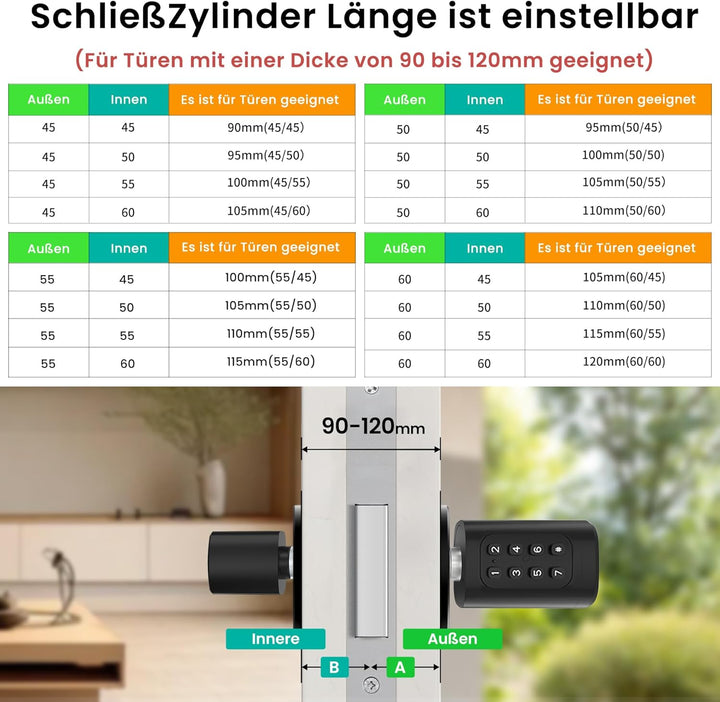 AVATTO Smart Türschloss mit Fingerabdruck und Passwort für 90-120mm Tür, Schliesszilinder Länge ist