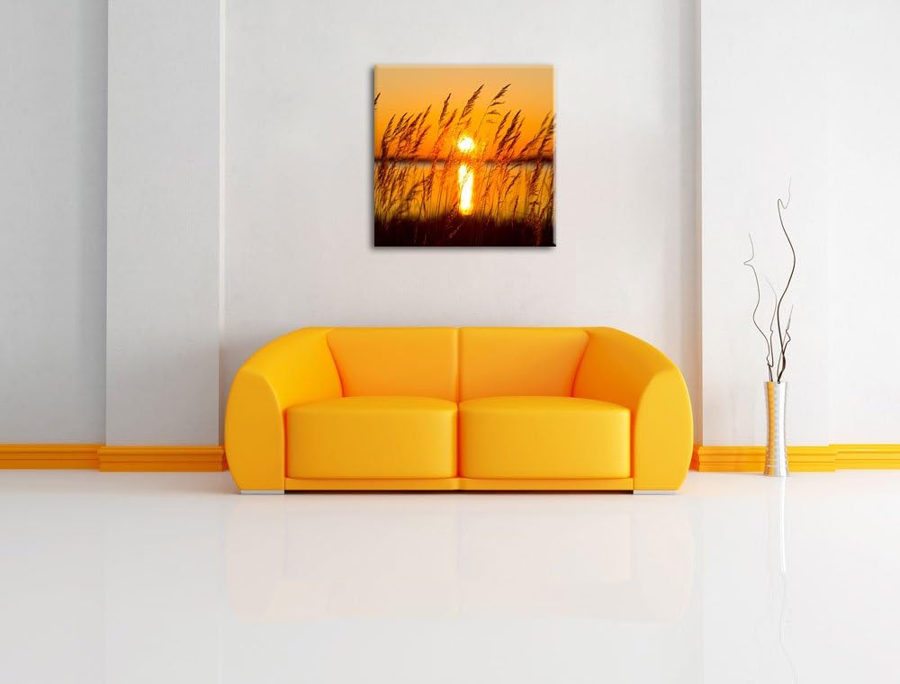 Sonne zwischen Gräsern, Format: 70x70 auf Leinwand, XXL riesige Bilder fertig gerahmt mit Keilrahmen