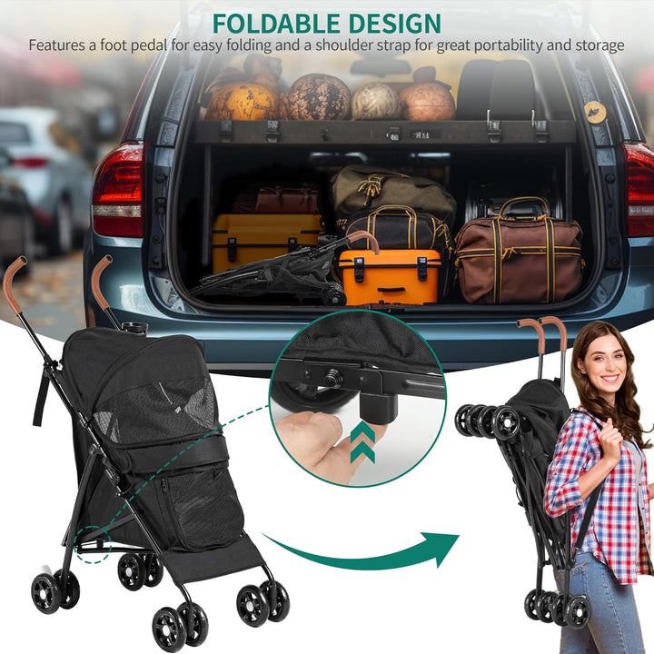 YITAHOME Hundebuggy Bis 11,3kg Klappbar, Katzenwagen, 360°Verschleissfeste EVA-Räder, Ablagekorb, Ne
