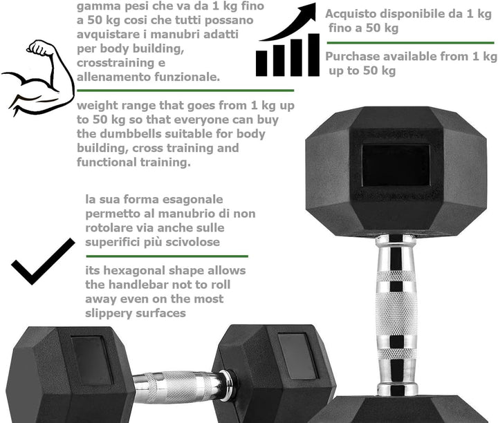 G5 HT SPORT Professionelle gummierte sechseckige Hantel von 1 bis 50 kg | Gewichtheben im Fitnessstu