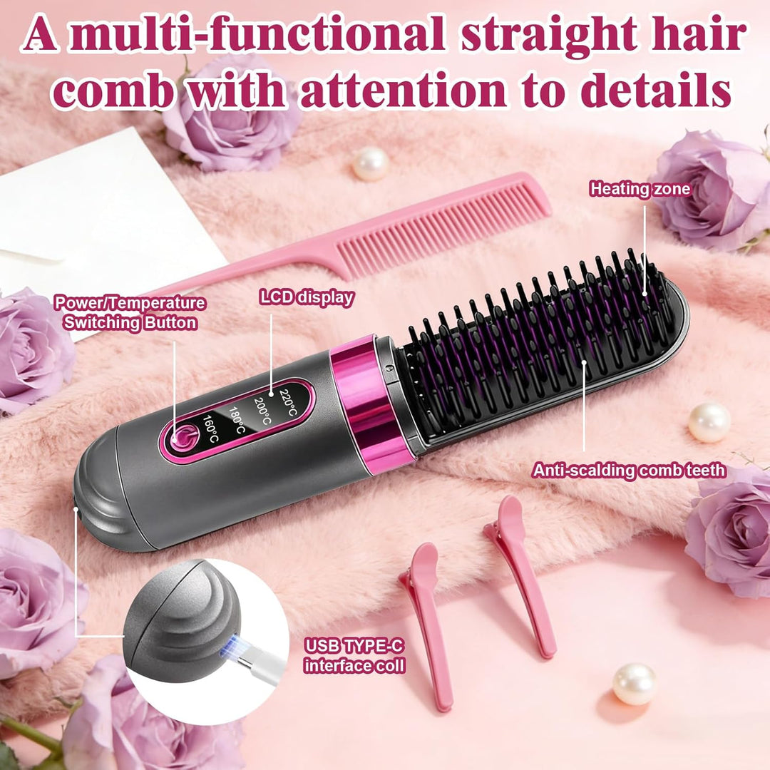 Glättbürste Kabellos,Go Brush Pro Stylingbürste für kurze Haare,Haarglätter Bürste Kabellos mit 3 Wä
