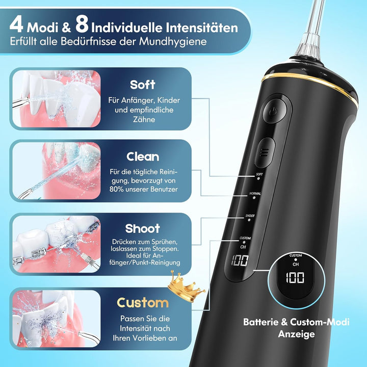 Munddusche Kabellos, Water Flosser for Teeth Mit 4 Modi & 8 Anpassbaren Stufen 300ML Tank Munddusche
